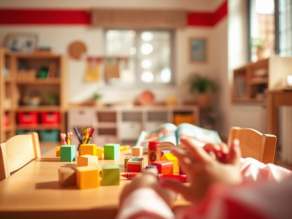 Sala de aula preparada com materiais lúdicos e mesa com blocos coloridos